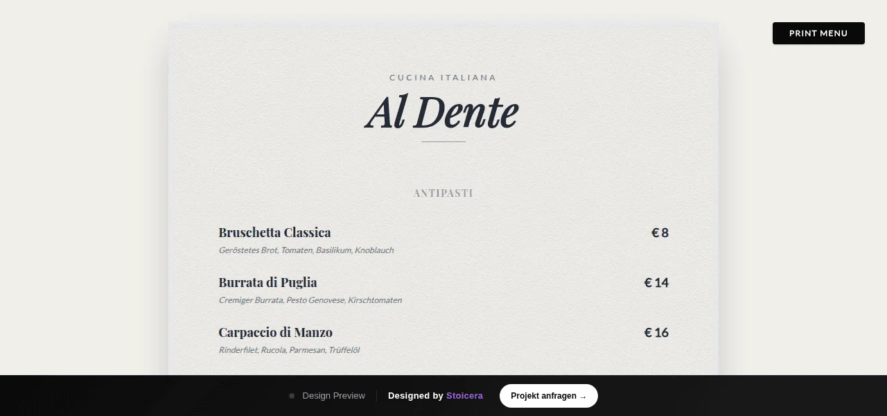 Menu — Entwurf
