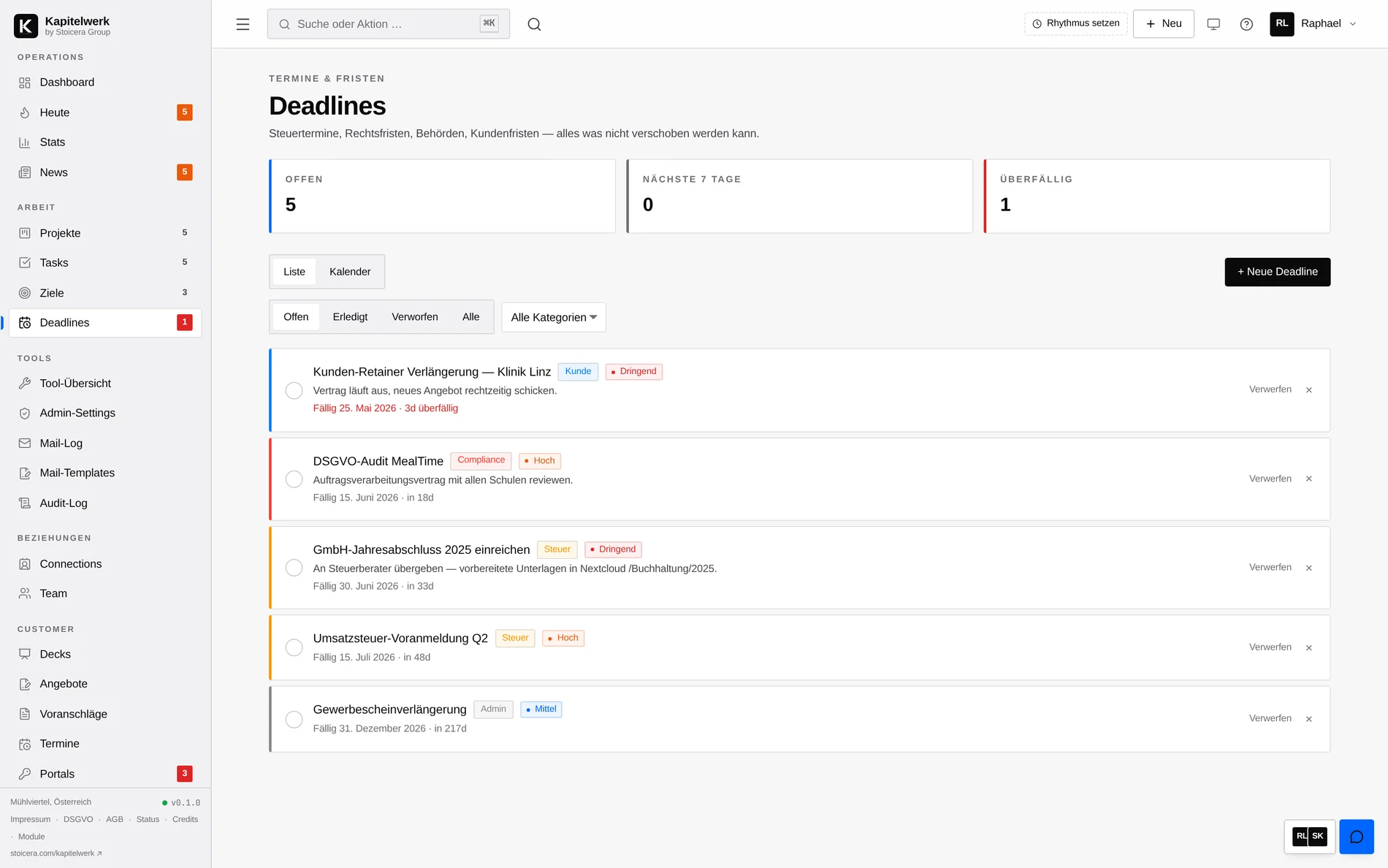 Kapitelwerk Deadline-Tracker für Steuertermine, Rechtsfristen, Behördenpost und Kunden-Fristen