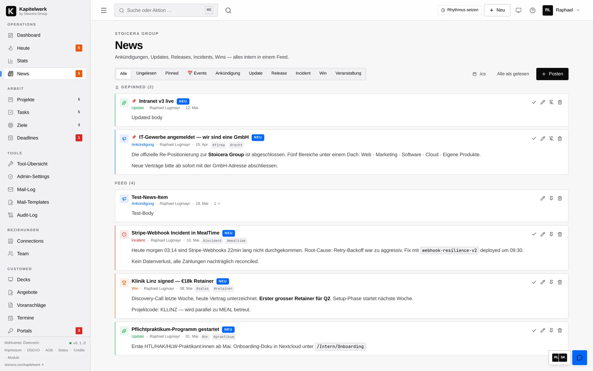Kapitelwerk News-Feed mit Pinned-Posts, Kategorien und Lese-Bestätigung pro Mitteilung