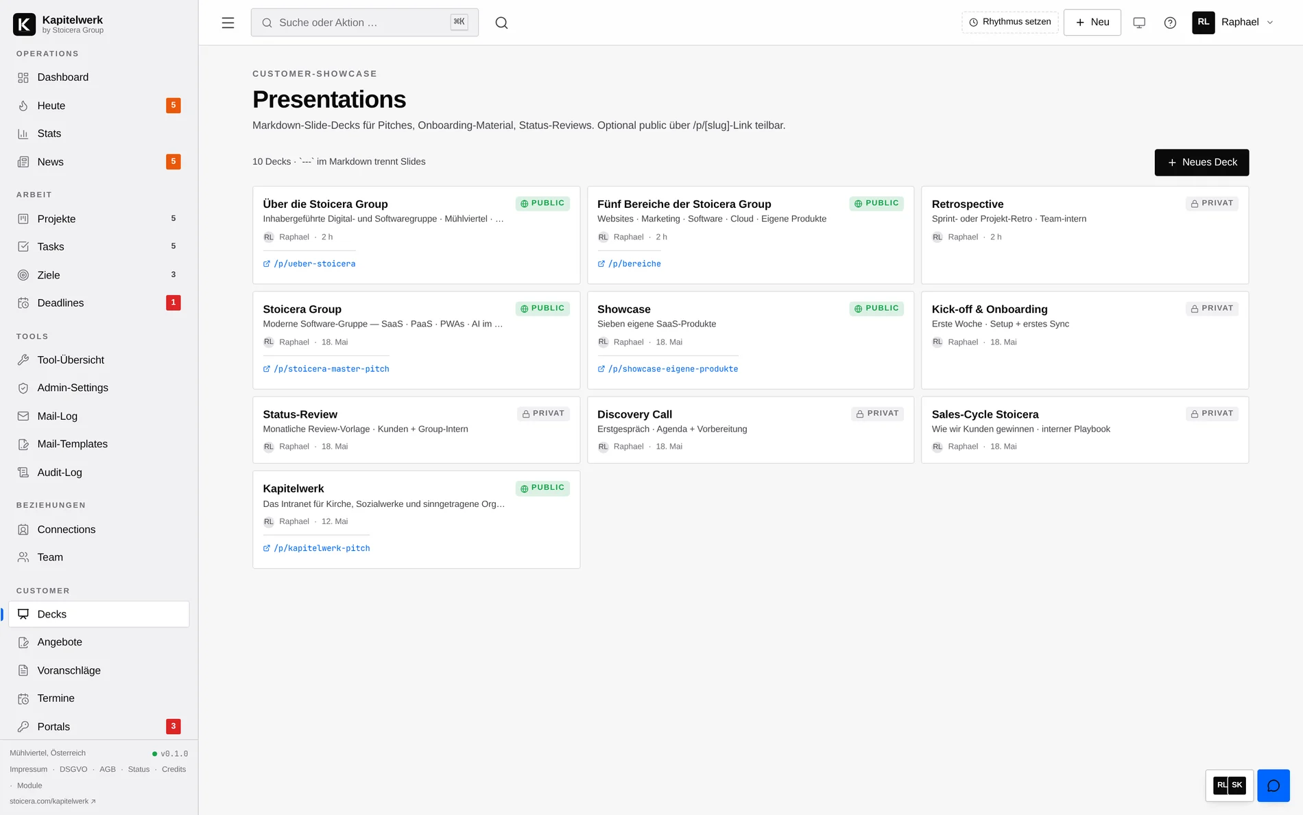 Kapitelwerk Slide-Decks aus Markdown mit Cinema-Präsentationsmodus und öffentlich teilbaren Links