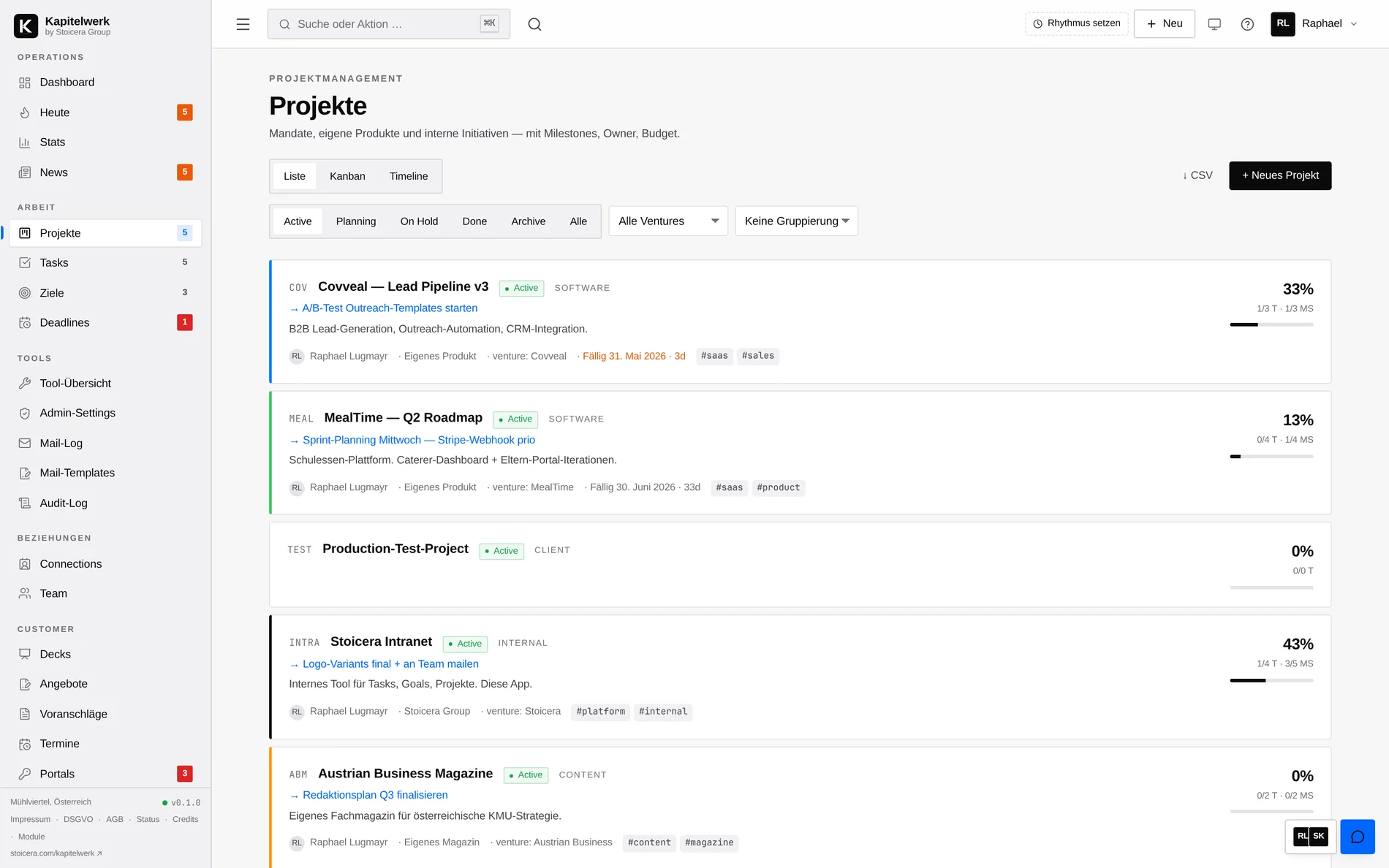 Kapitelwerk Projektmanagement mit Milestones, Health-Status und drei Sichten — Liste, Kanban und Timeline