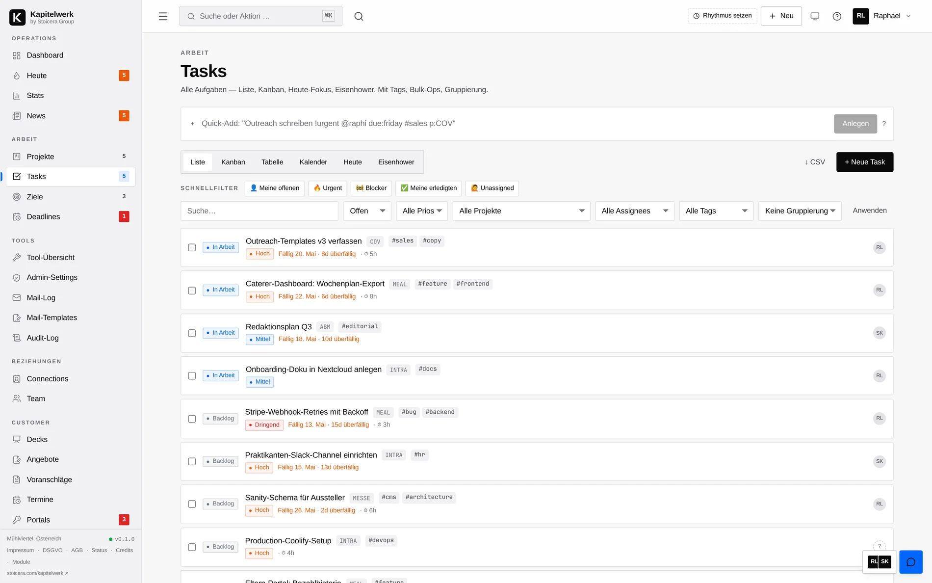 Kapitelwerk Tasks-Modul mit Quick-Add-Inline-Syntax, Eisenhower-Matrix, Kanban-Board und Tabellen-Sicht