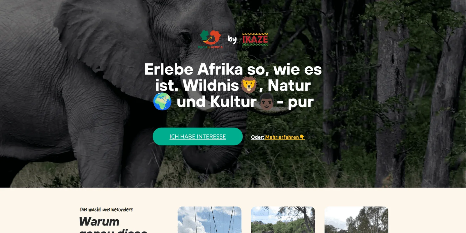 DACH to Africa — Landingpage für Afrika-Reisen-Kampagne. Kampagne von IKAZE Vienna, technische Umsetzung von Stoicera.
