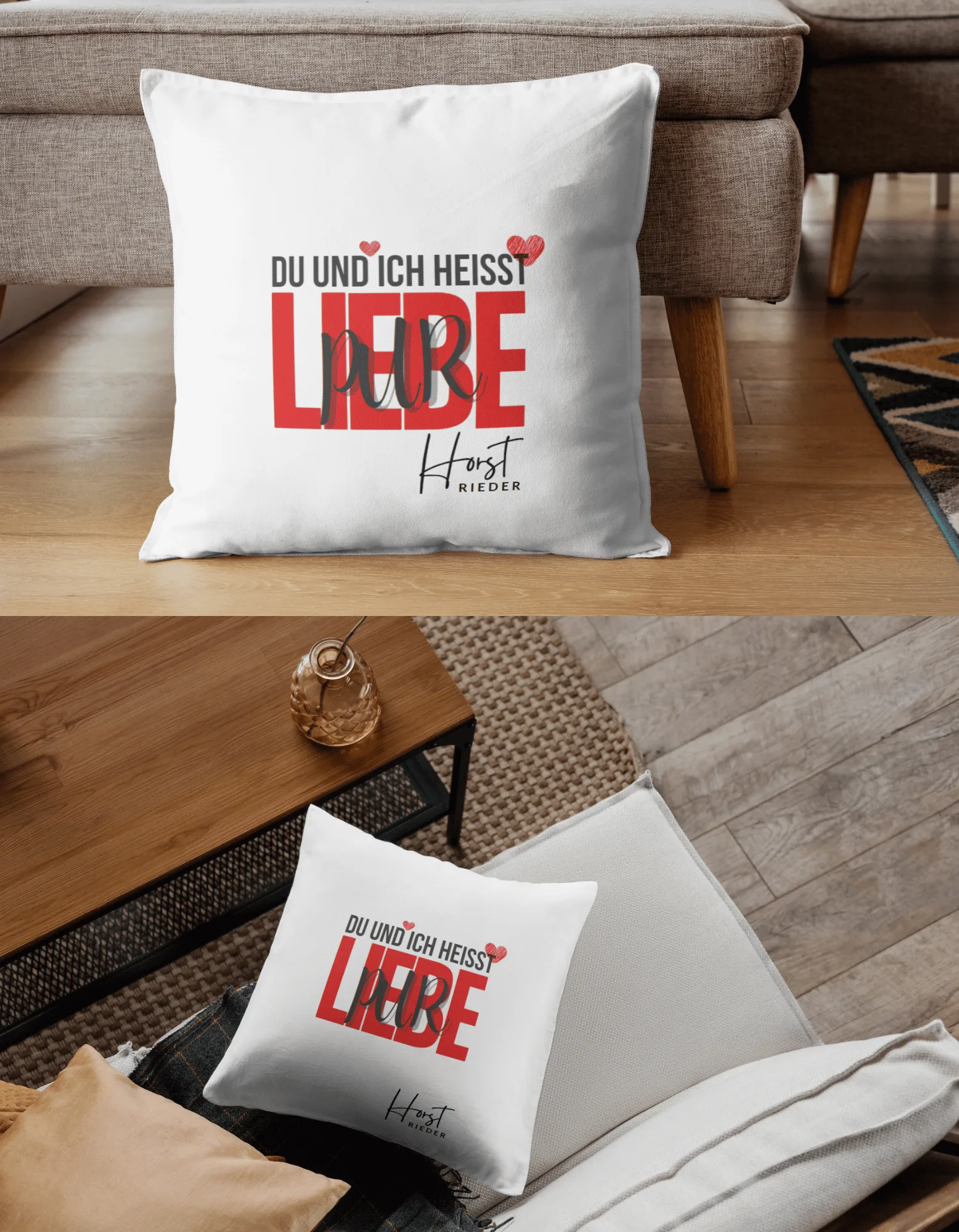 Und auf dem Kissen — die Linie reicht von der Grafik bis zum Produktbild