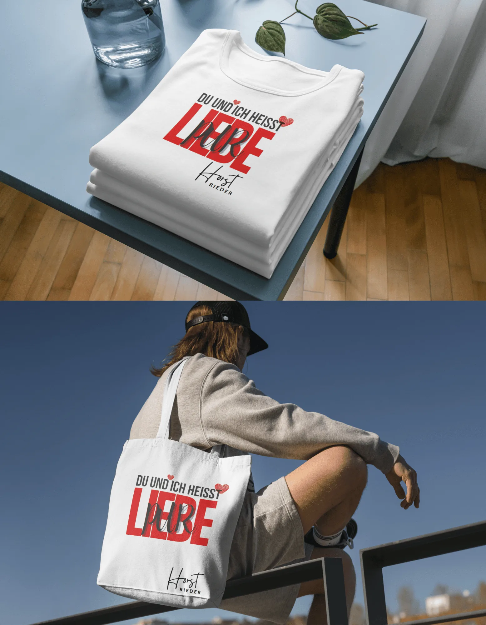 Dieselbe Grafik auf Shirt und Tasche