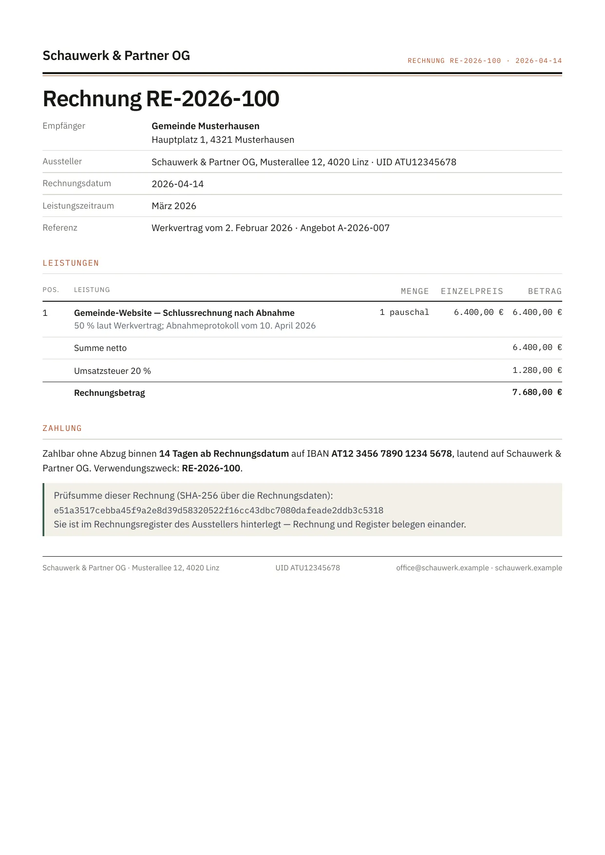 Eine von belegwerk gesetzte Rechnung — Demo-Mandant, Namen erfunden
