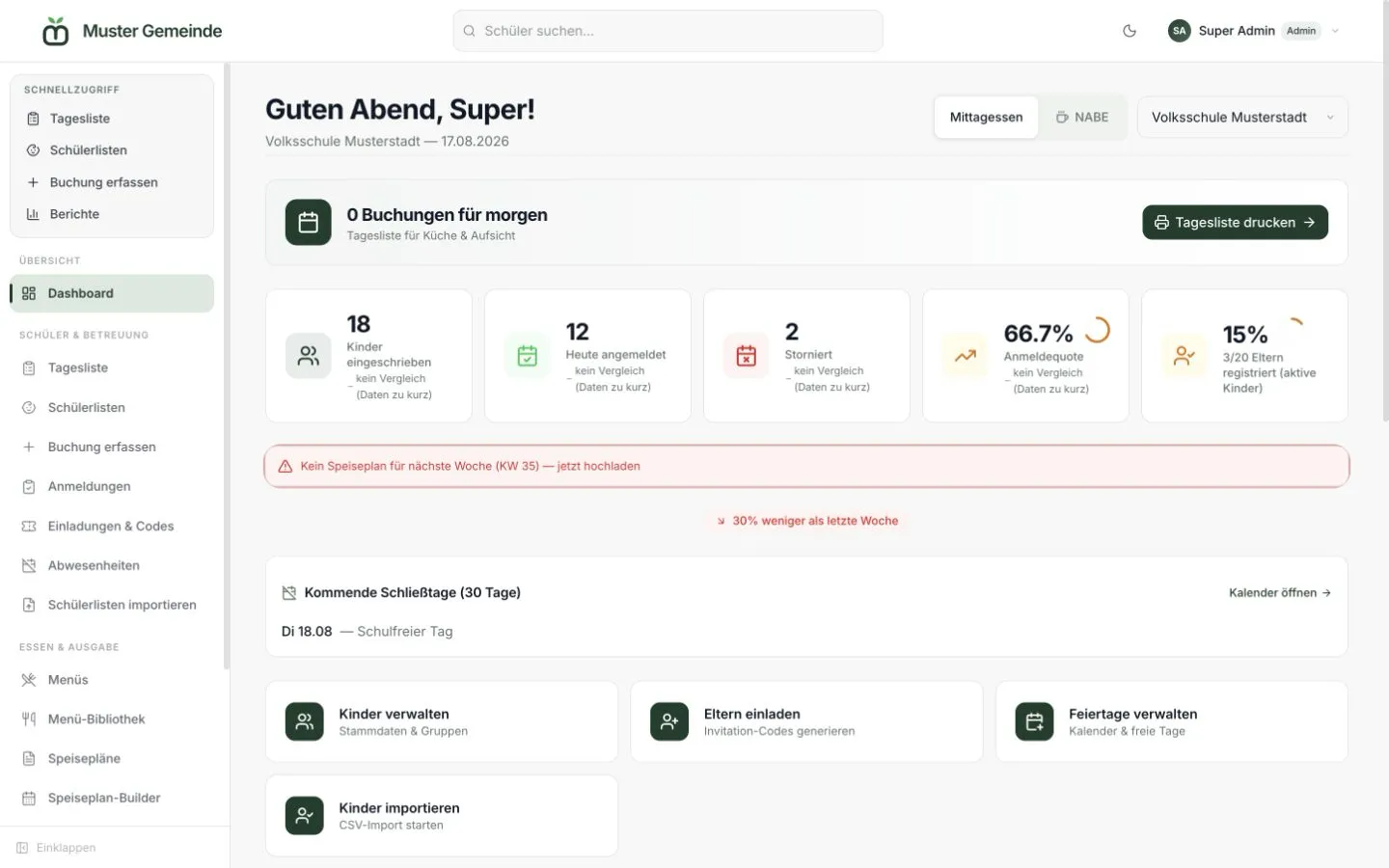 Verwaltungs-Dashboard des fiktiven Demo-Mandanten