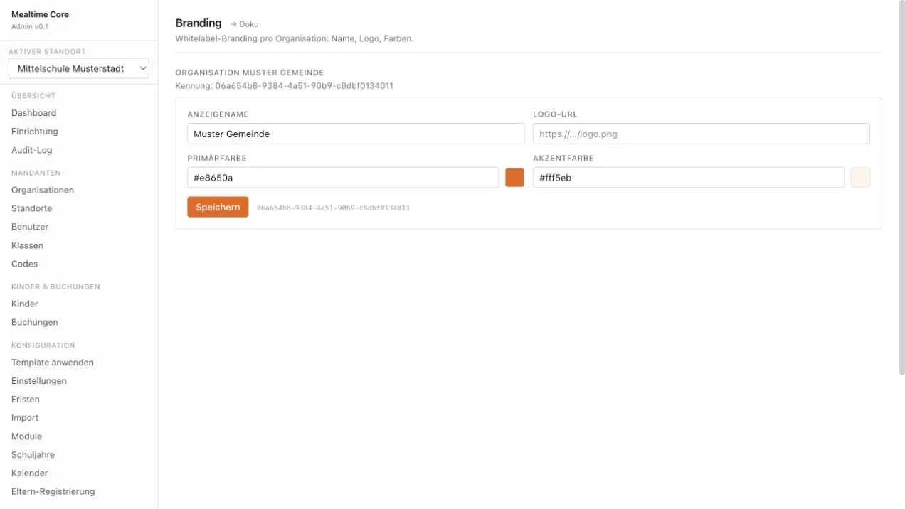 Mealtime Core — Name, Logo und Farbsystem je Organisation konfigurieren