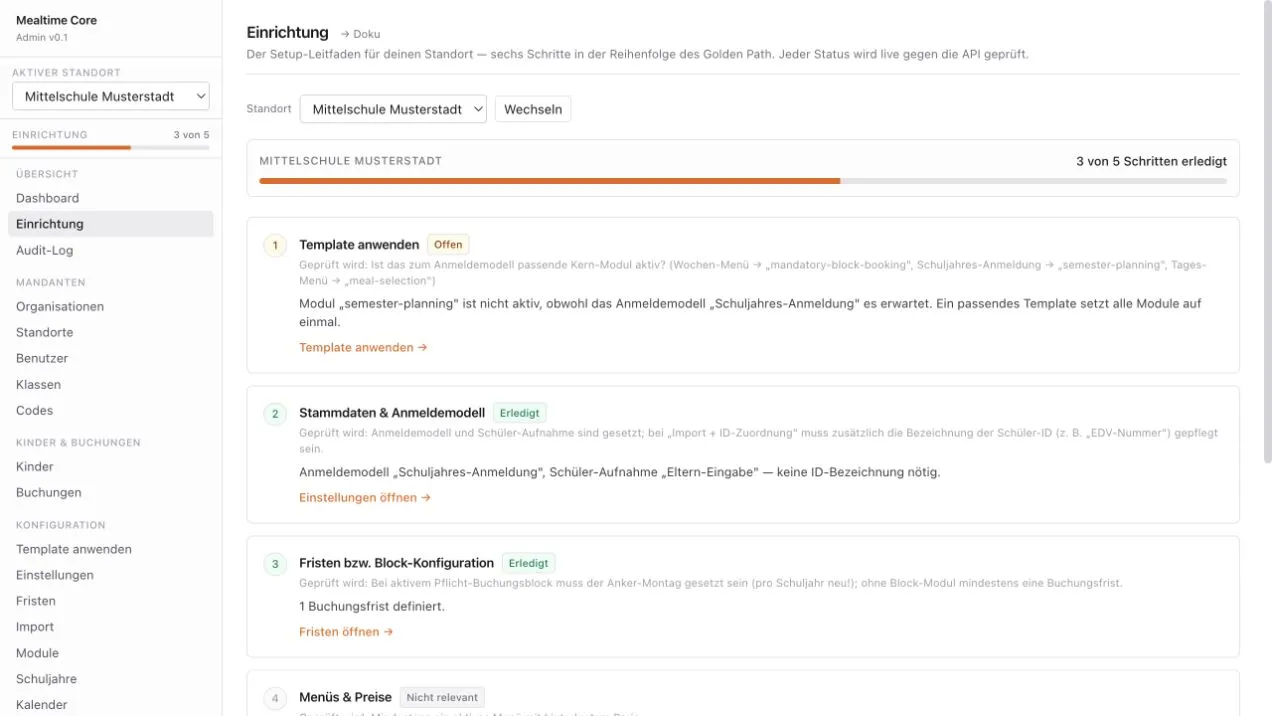 Mealtime Core — geführter Setup-Leitfaden mit Live-Status