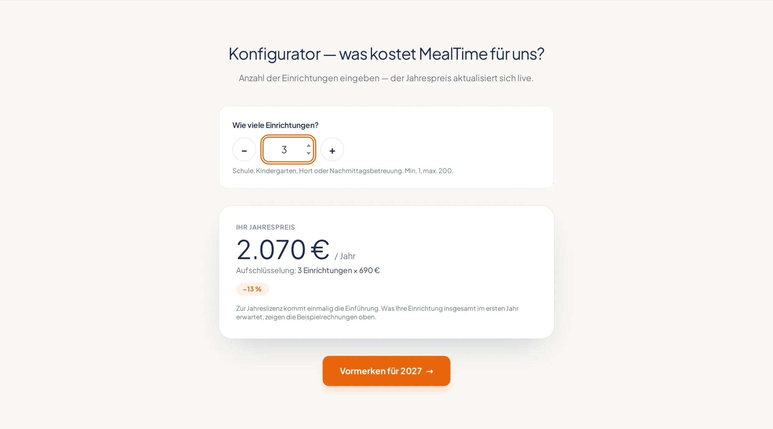 Preis-Konfigurator bei drei Einrichtungen — 2.070 € Jahreslizenz