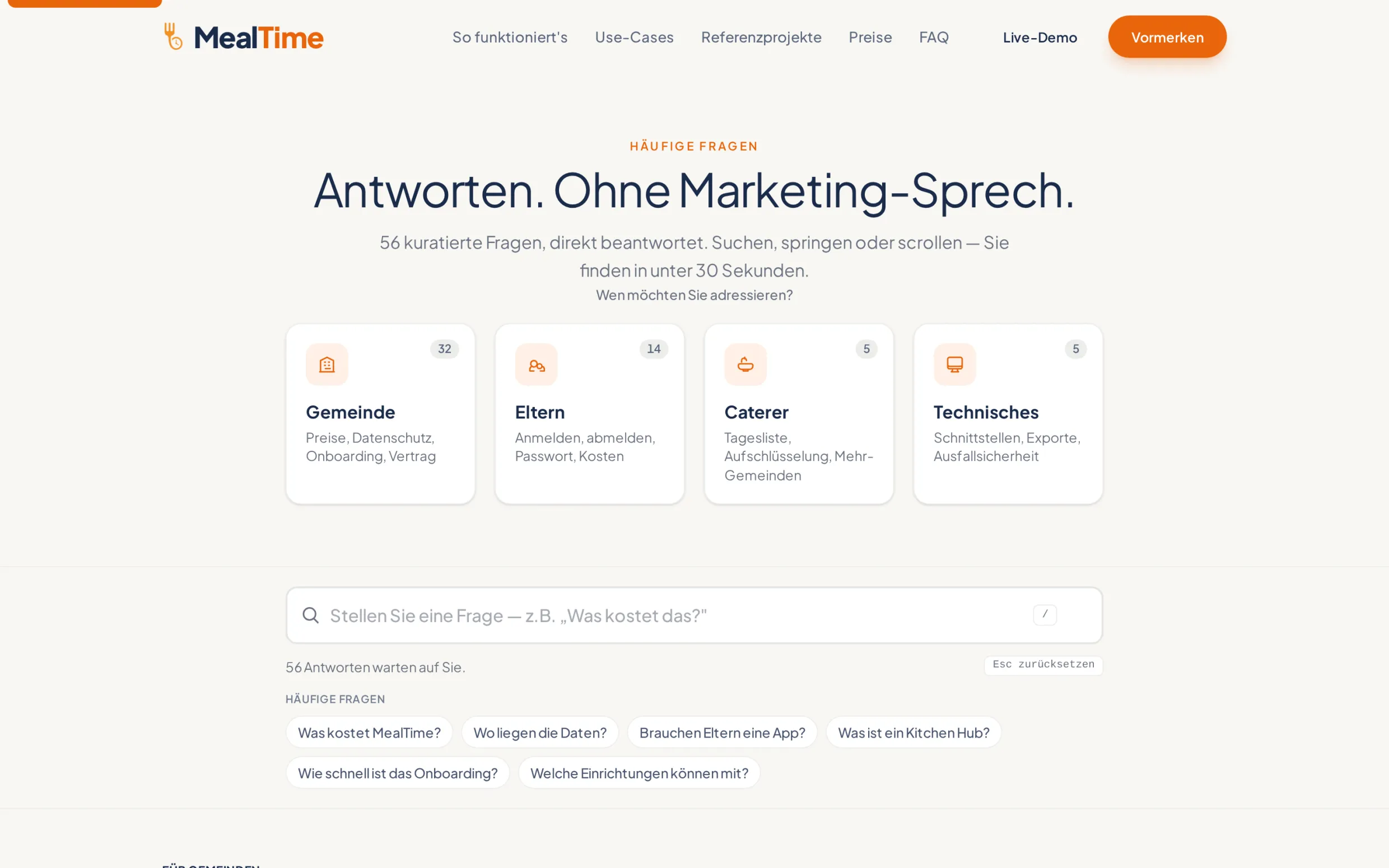 FAQ-Bereich: 56 Antworten in acht Kategorien, clientseitig durchsuchbar