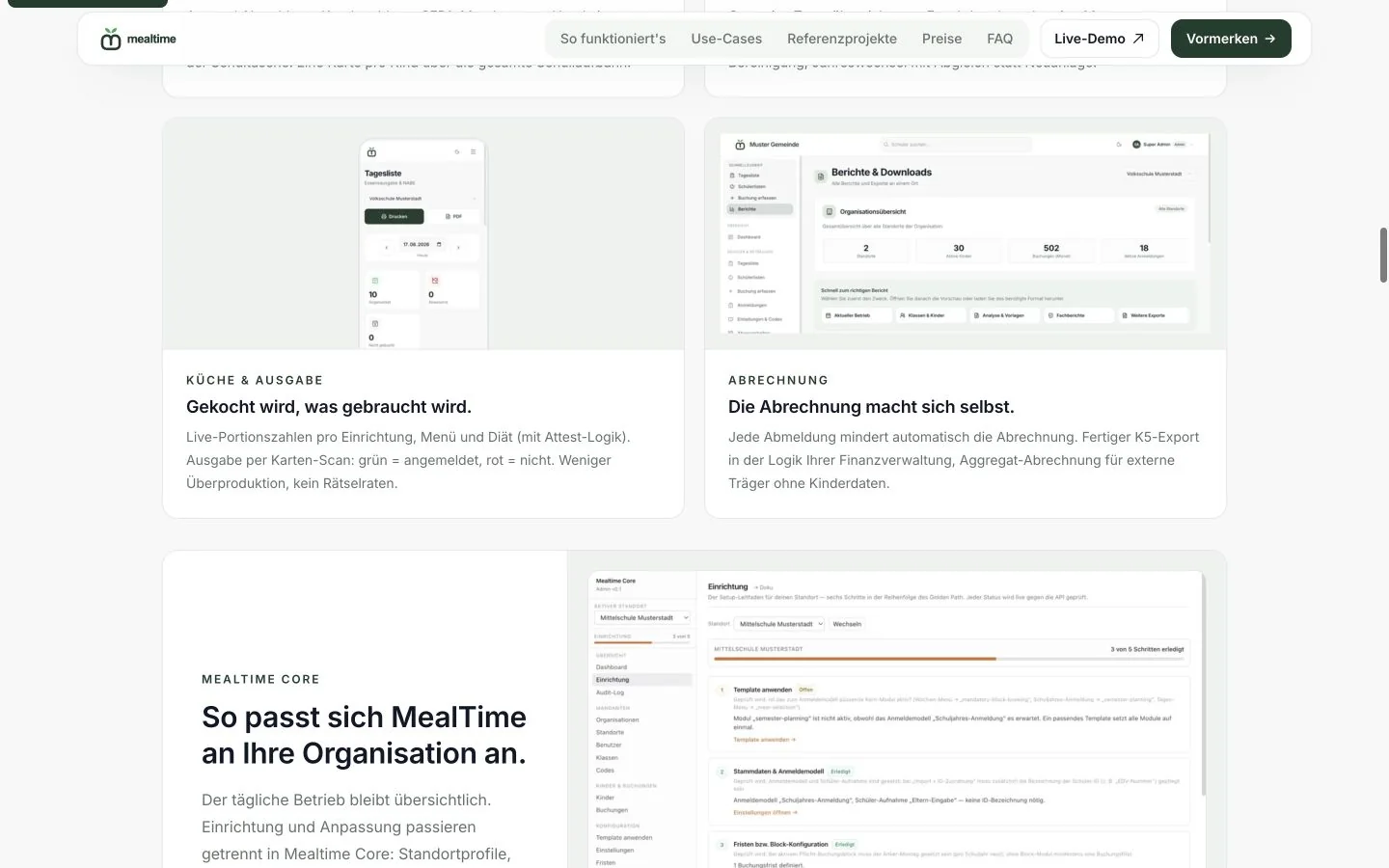 Aktueller Produktbereich auf schulmittag.at — operative Oberflächen und Mealtime Core im institutionellen Gesamtbild